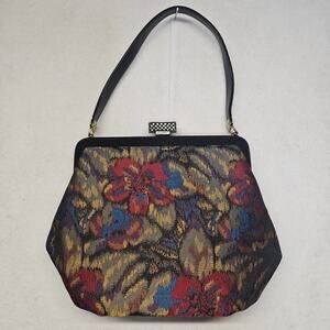 Vintage 60s Mar-Shel Multicolor Floral Tapestry Gold Handle Handbag Kiss lock
